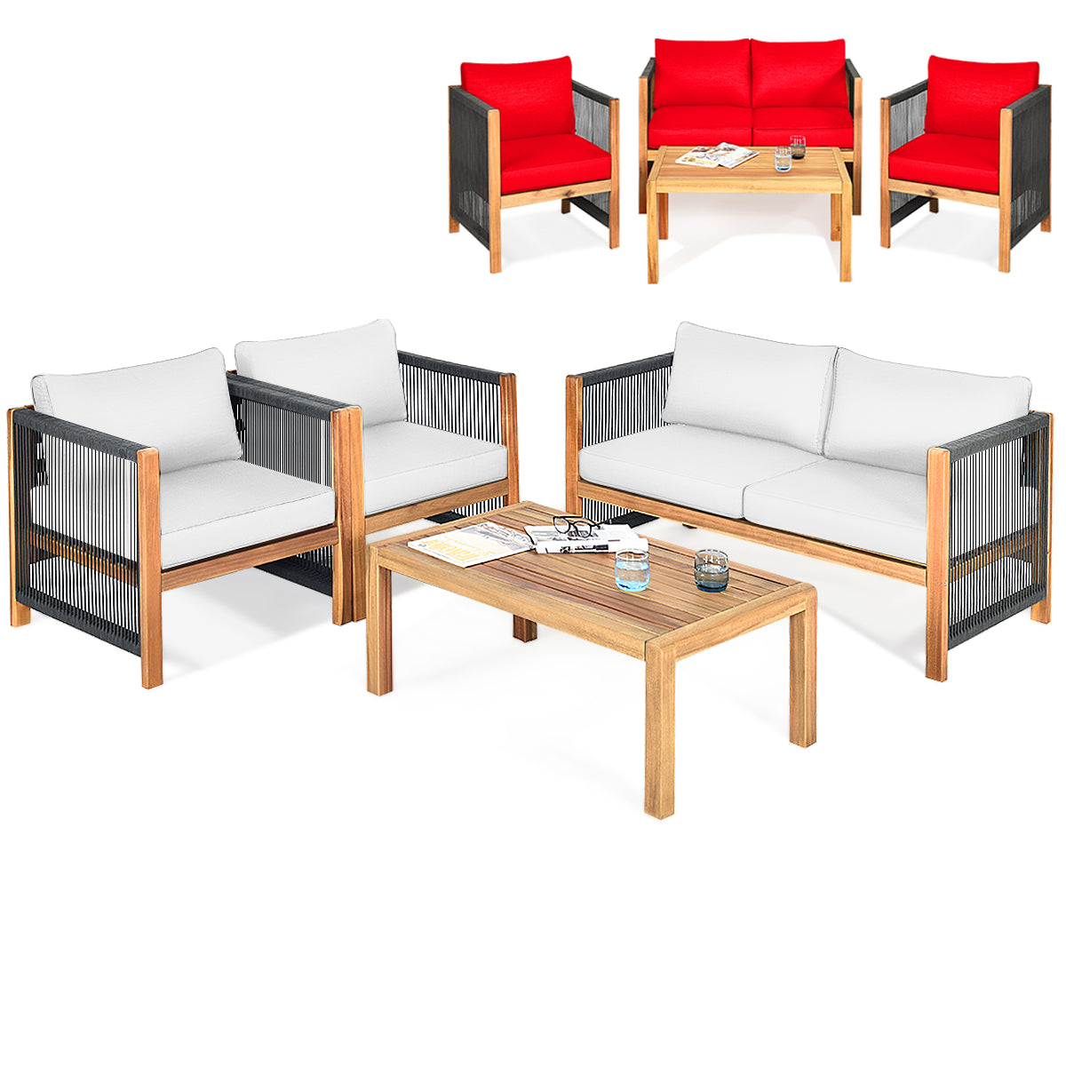 4 Pieces Wood Outdoor Patio Furniture Set with Cushions for Garden
