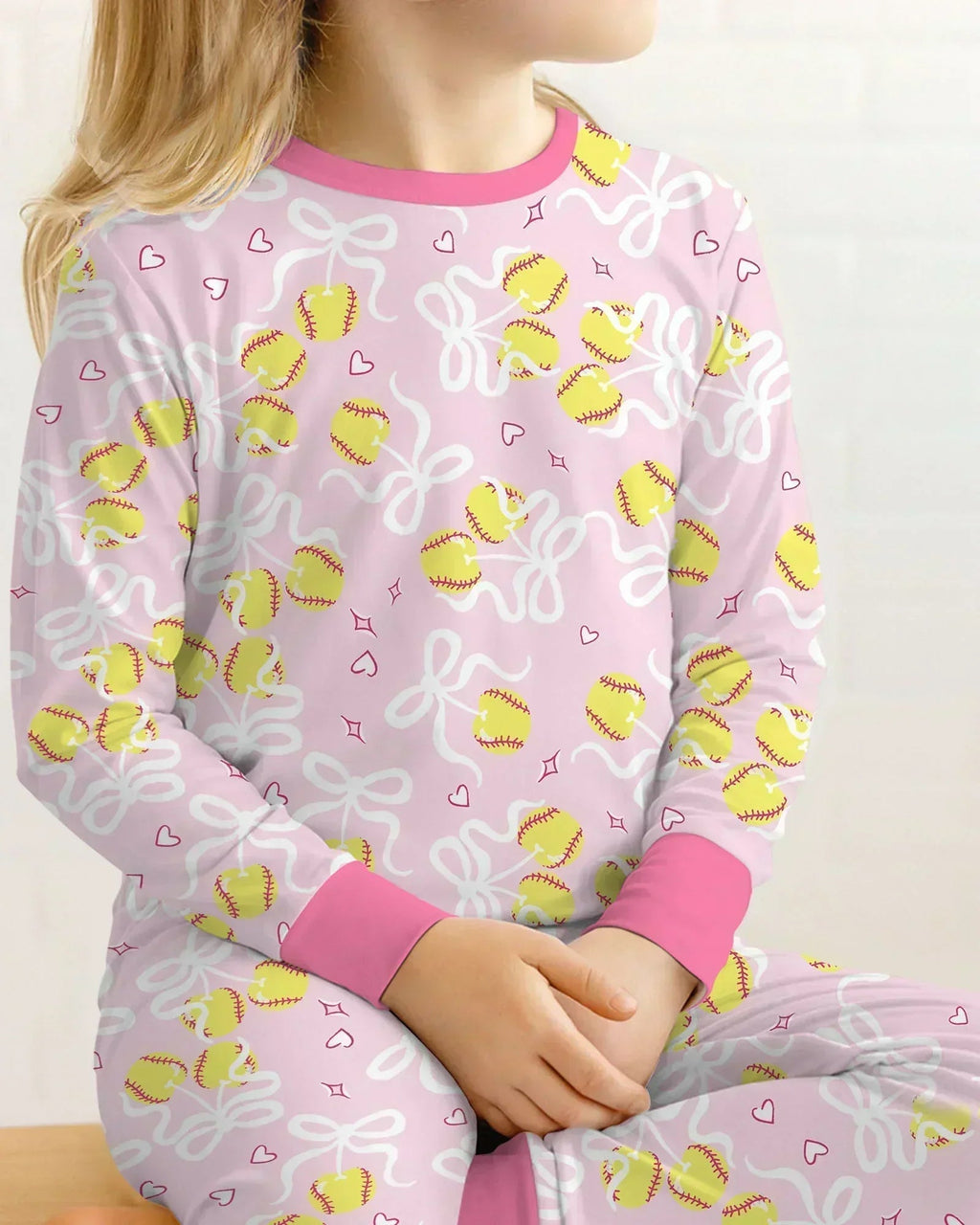 Softball Cherry Mom And Girl Matching Bamboo Two Piece Long Sleeve Pajama Set