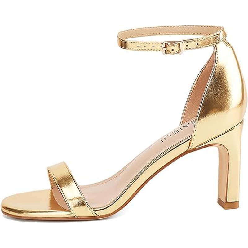 Teaieui Womens Size 8 Shiny Gold 3" Heel Open Toe Ankle Strap Sandal Shoes