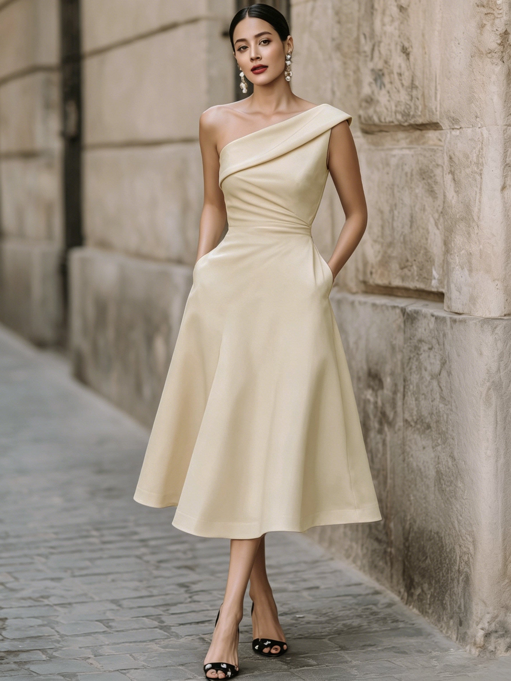 Women's Off-Shoulder Swing Dress – Solid Color Flowy Midi