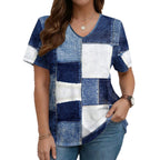 V-Neck Denim Print Short Sleeve T-Shirt | Loose Casual Tee