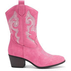 Dream Pairs Womens 8.5 Faux Pink Leather 2.25" Block Heel Mid Calf Cowboy Boots