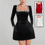 Elegant Square Neck Long-Sleeved Dress With Flowers Rhinestone Design