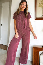 Dark Grey Twisted Ribbed High Neck Loose Tee Elastic High Waist Loose Pant Set