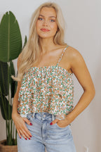 White Boho Floral Spaghetti Strap Ruffle Summer Tank Top