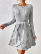 Ribbed Knit Tie Waist Long Sleeve Casual Dress