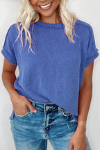 White Crinkle Rib Textured Knit Round Neck T Shirt