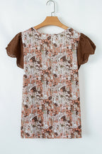 Blue Floral Print Square Neck Lace Patchwork Sleeve Blouse