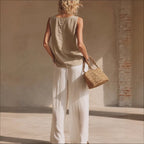 Women's Front-Button Cardigan Sleeveless Top & Long Pants Set
