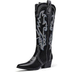 Idifu Womens Size 7 Black Faux Leather Embroidered 2.5" Block Heel Cowboy Boots