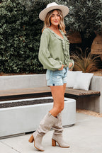 Meadow Mist Green Bow Tie Front Ruffle Trim V Neck Long Sleeve Gauze Blouse
