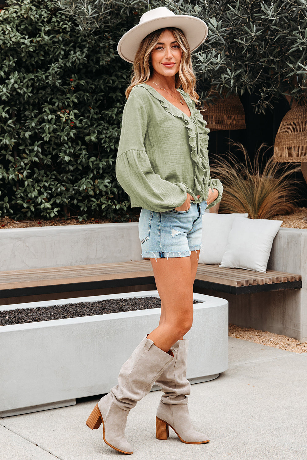 Meadow Mist Green Bow Tie Front Ruffle Trim V Neck Long Sleeve Gauze Blouse