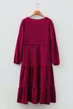 Blackish Green Solid Long Sleeve Button V Neck Tiered Maxi Dress