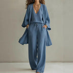 Women's V-Neck Cardigan Coat, Pocket Vest & Long Pants Three-Piece Set