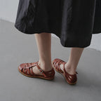 Women's Washed Full Grain Leather Fisherman Sandals – Closed-Toe Woven T-Strap