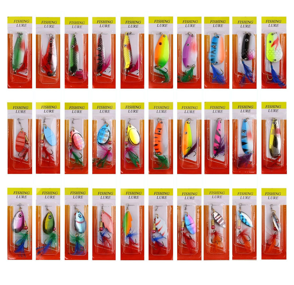 30pc Fishing Lure Set with Feathered Treble Hooks