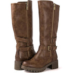 New Global Win Women Size 6.5 Brown Faux Leather Knee High Chunky Low Heel Boots