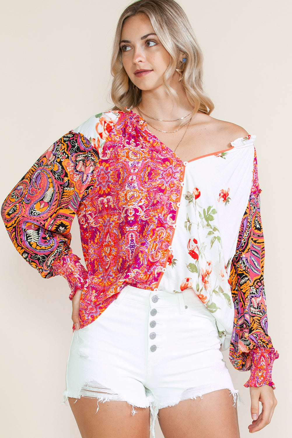 Multicolor Floral Patchwork Shirred Cuff Buttoned V Neck Blouse