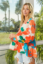 BiBi Floral Woven Tiered V Neck Top