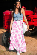 Black Boho Floral High Waist Ruffle Split Maxi Skirt