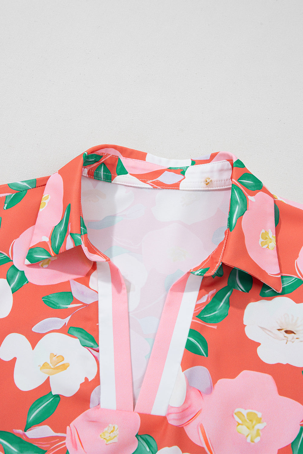 Fresh Salmon Floral Print Puff Sleeve Pop of Color Neckline Dress
