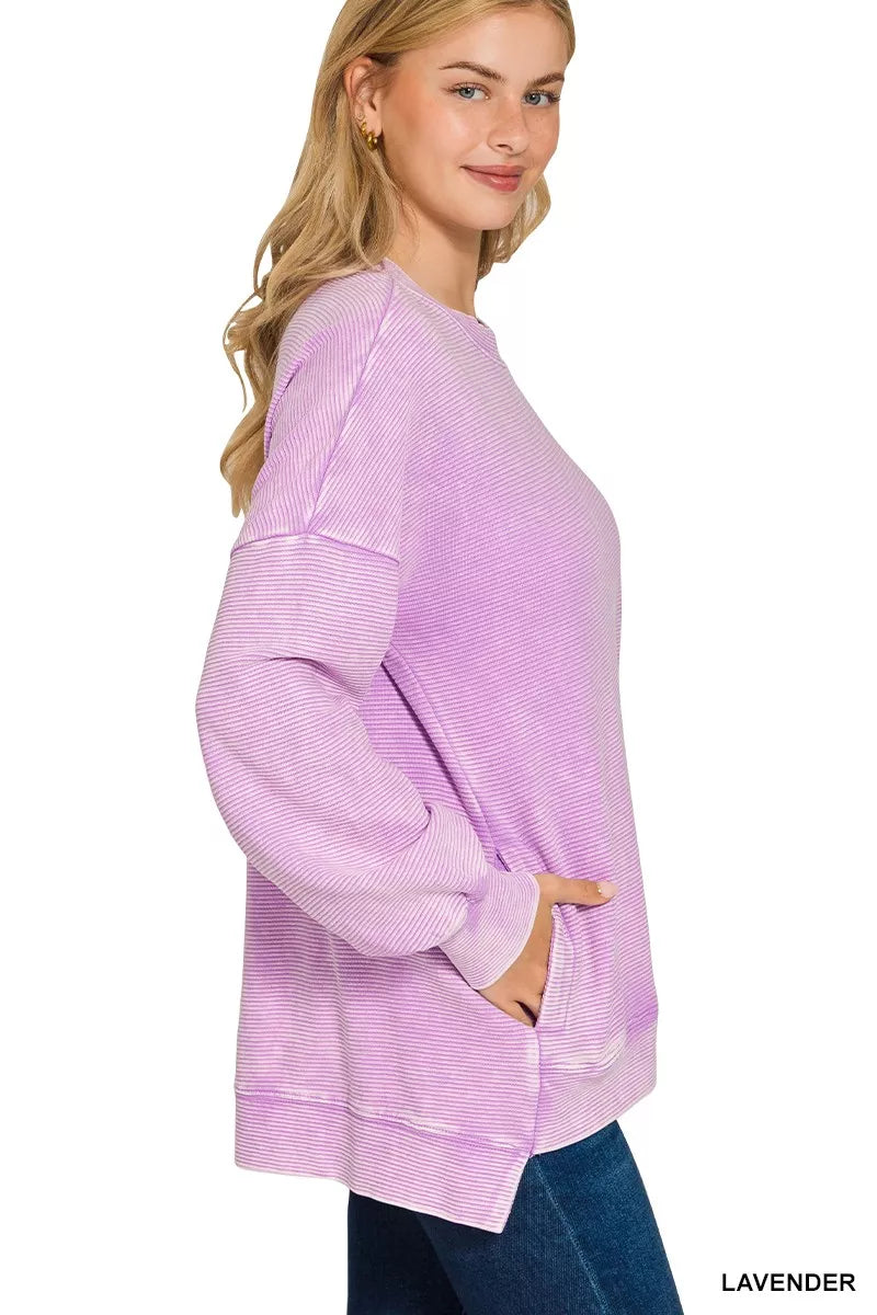Zenana Acid Washed Double Ribbed Hi-low Sweatshirt