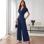 Three-Quarter Sleeve Pleated Wide-Leg Jumpsuit | 2 Colors S–XL
