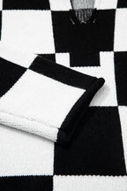 Black Checked Notched Neckline Drop Shoulder Knit Sweater