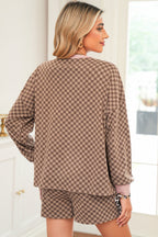 Brown Checkerboard Contrast Trim Long Sleeve Pullover and Shorts Set