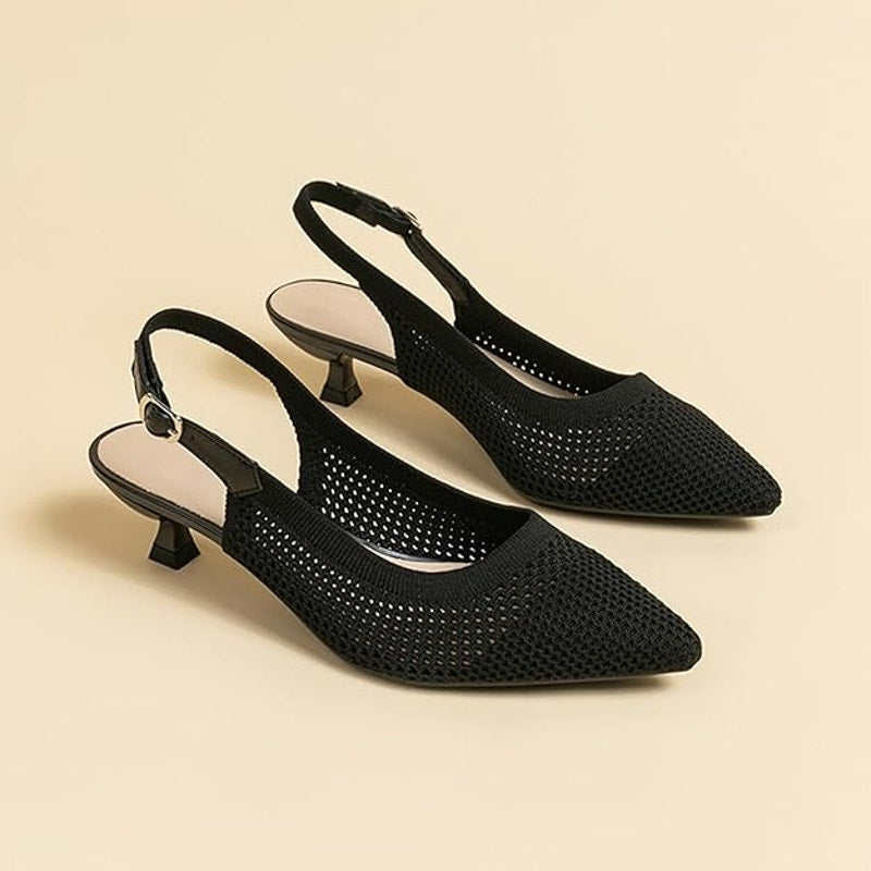 New Youngshow Womens 5 Black Mesh Pointy Toe 1.5" Kitten Heel Slingback Shoes