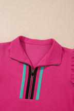 Strawberry Pink Striped Detail Flutter Sleeve Zipped Collar Short Set