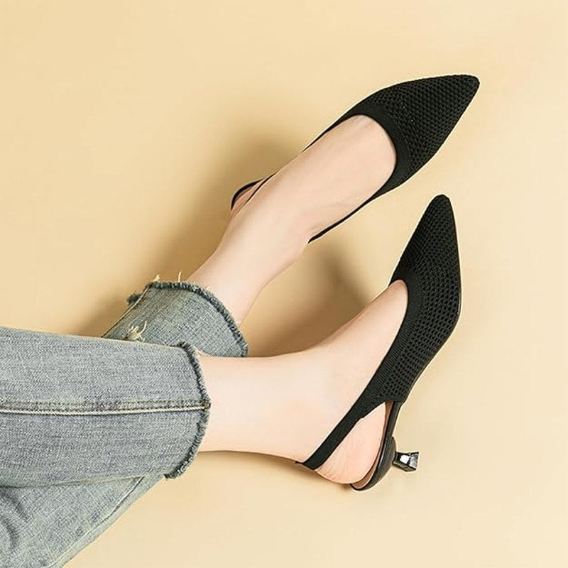 New Youngshow Womens 5 Black Mesh Pointy Toe 1.5" Kitten Heel Slingback Shoes