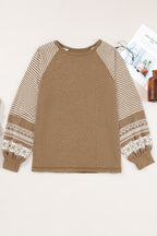 Tillandsia Purple Contrast Print Striped Raglan Long Sleeve Loose Top