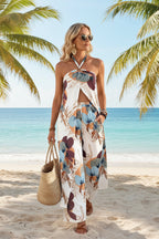 Printed Halterneck Slit Top & Wide-Leg Pants Resort Set | 13 Prints