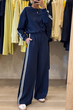 Dirty blue Varsity Striped Detail Crewneck Pullover Elastic Sweatpants 2pcs Outfit