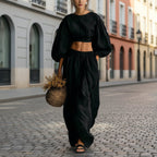Women's Puff-Sleeve Crew-Neck Two-Piece Set with Pockets
