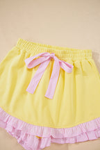 Yellow Cream Plaid Ruffled Patchwork Drop Shoulder Pullover and Drawstring Elastic Waist Shorts Matching Set