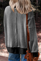 Black Stripe Ribbed Trim Drop Shoulder Long Sleeve Oversized Top