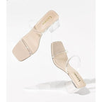 Leevar Womens Size 8 Clear Nude 2.25" Chunky Heel Open Square Toe Slip On Shoes