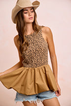 BiBi Rib Textured Leopard Sleeveless Bubble Peplum Top