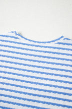 Sky Blue Stripe Knitted Short Sleeve Top and Drawstring Shorts Set