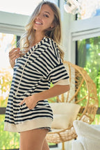 BiBi Stripe Fleece Notch Neck Short Sleeve Hoodie