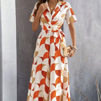 Women's Geometric Print Lace-Up Shirt Jumpsuit – Wide-Leg High-Waist Boho