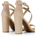 New Dream Pairs Womens 8.5 Gold Glitter 4" Block Heel Open Toe Ankle Strap Shoes
