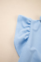 Beau Blue Textured Ruffled Sleeve Zipped Top and Wide Leg Pants Set