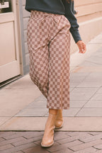 Khaki Tie Elastic Waist Checkered Loose Pants