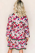 Purple Floral Print Contrast Striped Detail Long Sleeve Mini Dress