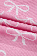Pink Waffle Knit Bowknot Printed V Neck T Shirt And Shorts Set