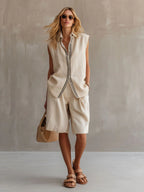 Women's Linen Shirt and Shorts Set – Sleeveless Summer Two-Piece