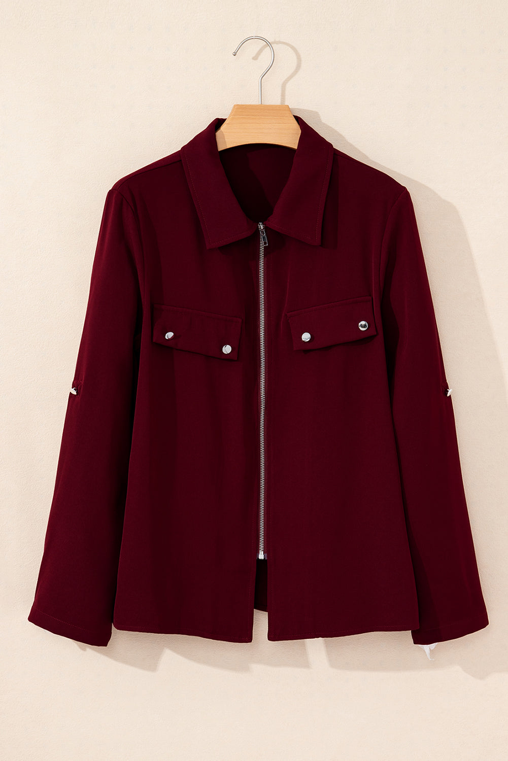 Dusk Blue Collar Tab Sleeve Zip Up Flap Detail Jacket